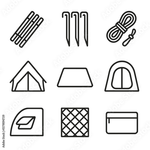 Icons lines door stakes guy floor components tent vector storage icon window