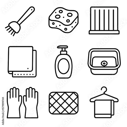 Icons mat sponge bottle towel drying baking rack brush icon vector cleanup