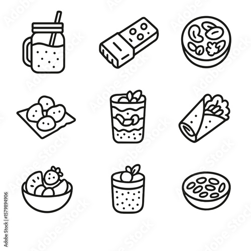 Snack homemade yogurt bar salad wrap nut chips roasted vector icons veggie
