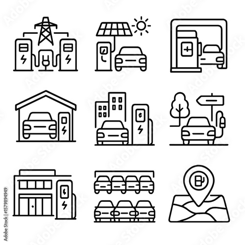 Icon icons infrastructure ev solar charger grid charging battery city mall vector