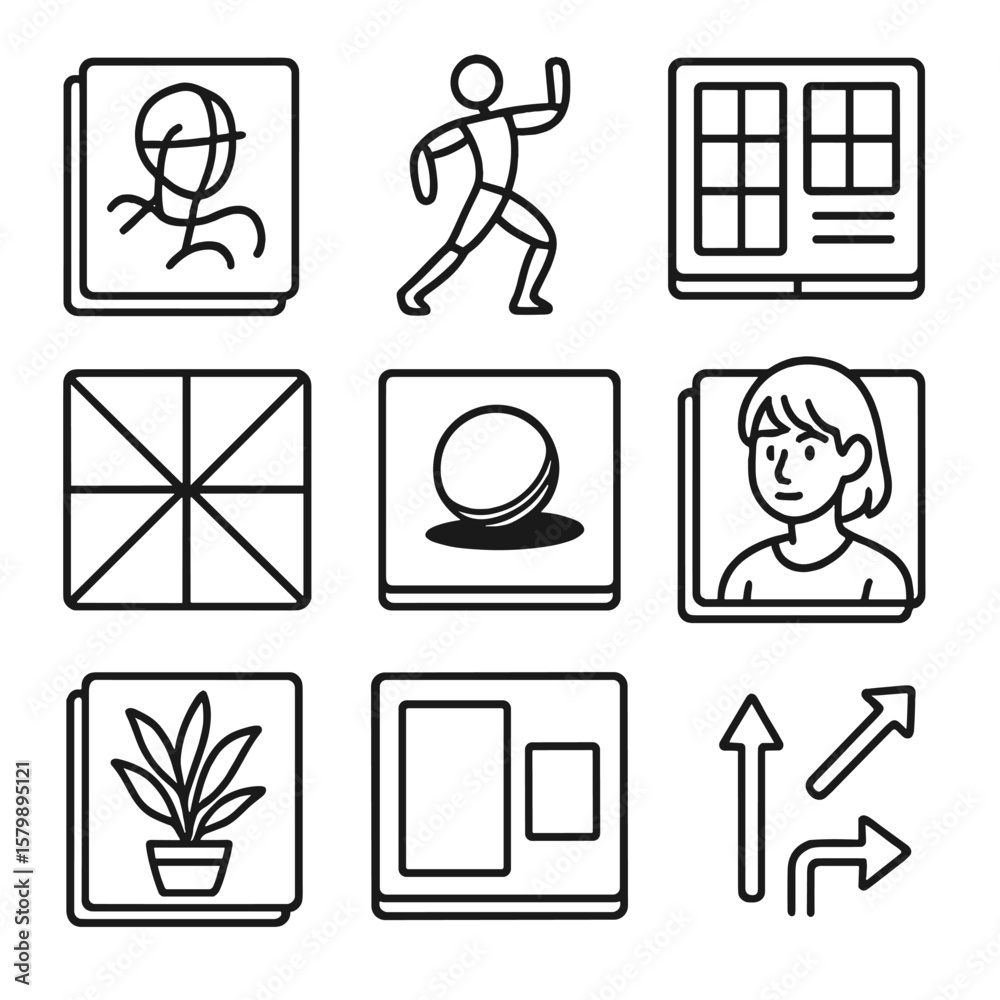 Fototapeta premium Gesture icon grid thumbnail sketchbook annotation rough vector set character shading drawing