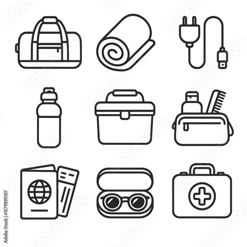 Kit road bottle blanket icon trip vector cooler extra essentials case charger