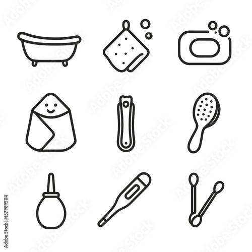 Hygiene bathtub washcloth aspirator icons vector baby hairbrush thermometer icon nasal nail