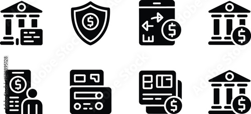 A collection of black banking and finance icons on a white background set up