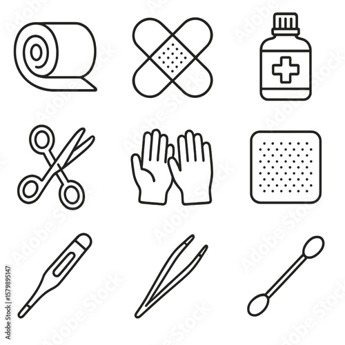 Bandage gauze antiseptic pad sterile bottle first icon aid vector swab gloves