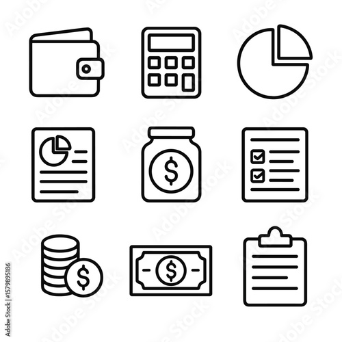 Calculator vector icon budget chart savings stack planning coin wallet icons jar