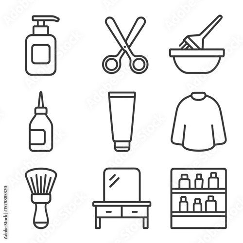 Pump bottle essentials stylist icons salon neck icon vector dye bowl shelf