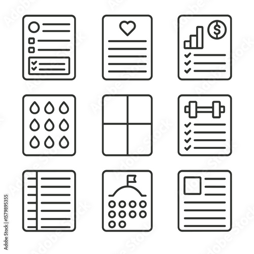 Fitness planner icon set goal budget schedule log plan water vector meal