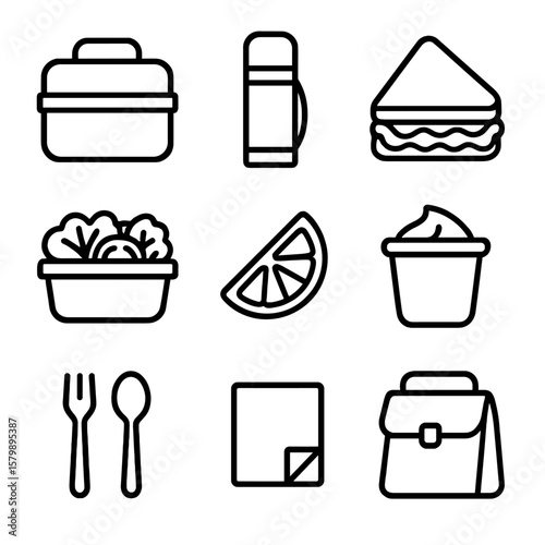 Salad lunch lunchbox cutlery insulated slice icon container yogurt napkin vector office