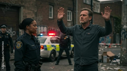 Man with hands up surrendering to a female police officer. Tense confrontation and arrest at an urban crime scene.