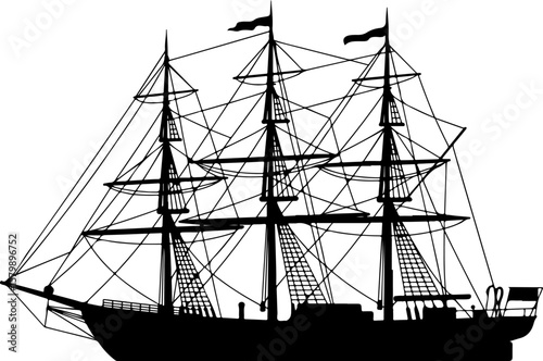 "Sail Ship Silhouette – Classic Sailing Vessel Vector on White Background"

