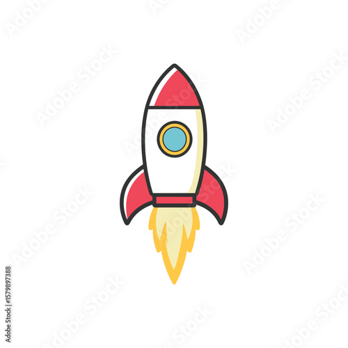 Rocket Launching with Flame on Transparent Background, Spacecraft Outline