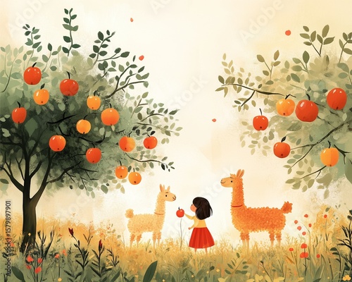 Apple Picking with Llamas illustrated in pastel minimalism, children and llamas under apple trees, soft textures 
