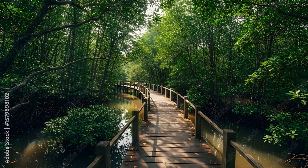 Fototapeta premium Wooden boardwalk meanders through lush green mangrove forest, sunlight dappling the path.
