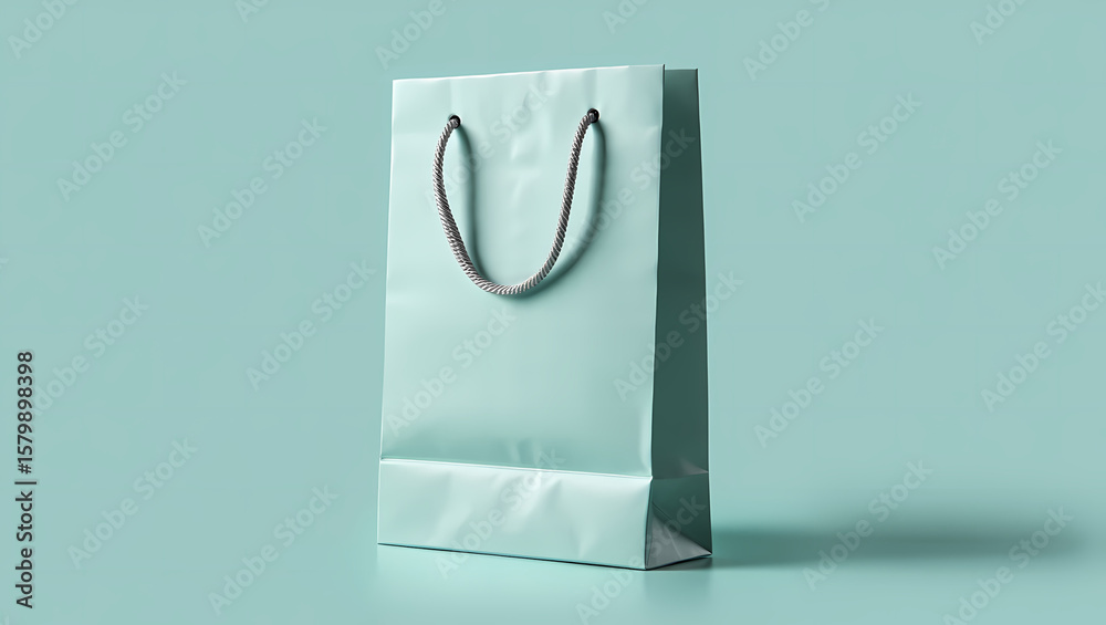 Clean Glossy White Paper Shopping Bag with Grey Rope Handles on a Soft Light Blue Background, Perfect for Retail Branding, Gifts, and Product Packaging Mockups.