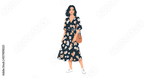 Flat vector fashion modeling of a young woman wearing a flowy floral midi dress