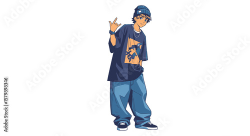 Flat vector of a teenage boy in a skater outfit: loose graphic t-shirt, baggy jeans, beanie hat, and skate shoes.
