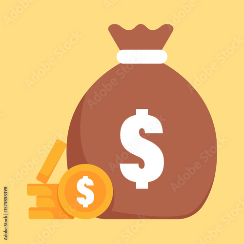 Financial Abundance Icon: A vibrant vector illustration of a money bag brimming with wealth, accompanied by a stack of gold coins, evoking concepts of savings, investment, and prosperity.