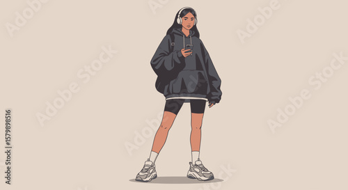 Flat vector Urban Street Style – Flat Female Model with Headphones