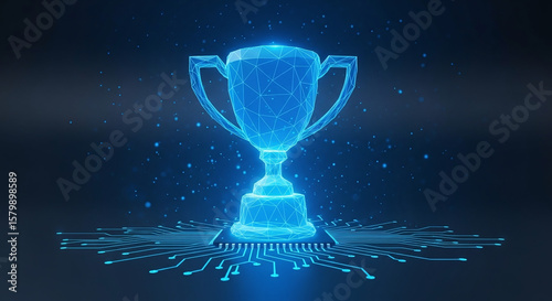 Digital blue trophy with polygonal design resting on a circuit board against a dark blue background