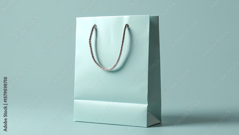 Clean Glossy White Paper Shopping Bag with Grey Rope Handles on a Soft Light Blue Background, Perfect for Retail Branding, Gifts, and Product Packaging Mockups.