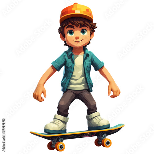 A smiling 3D cartoon boy with an orange cap skateboarding - AI Generated