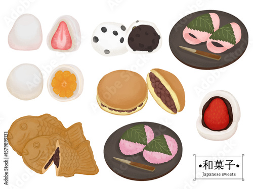 いろいろな和菓子の色鉛筆タッチのイラスト