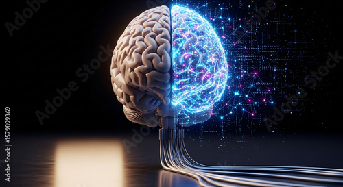 A digital brain with glowing connections represents artificial intelligence and the future of technology, connected by wires
