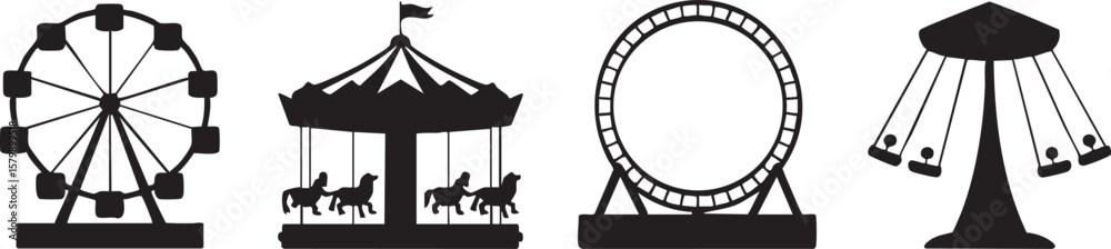 Fototapeta premium Collection of amusement park rides in a clean black silhouette style