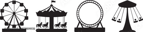 Collection of amusement park rides in a clean black silhouette style