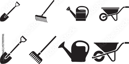 Collection of gardening tools including shovels rakes watering cans and wheelbarrows silhouette