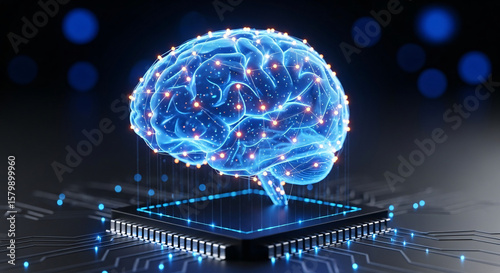 A glowing brain atop a computer chip symbolizes artificial intelligence, neural networks, and the future of digital technology and cognitive computing