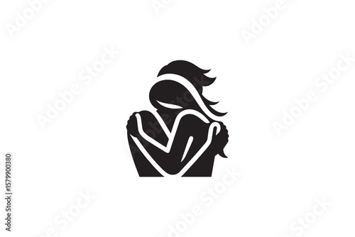 Woman Embracing Herself Self Love and Care Concept in Black and White Silhouette Style Isolated on White Background Minimalist Design silhouette