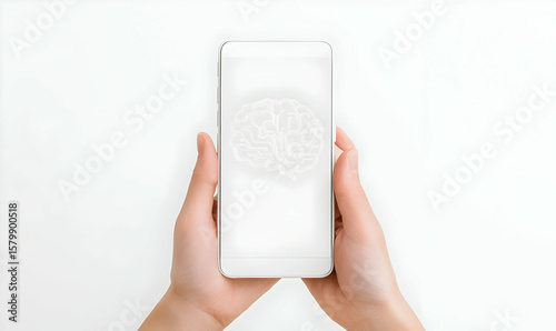 Hands Holding Smartphone with Abstract Brain Illustration on Screen