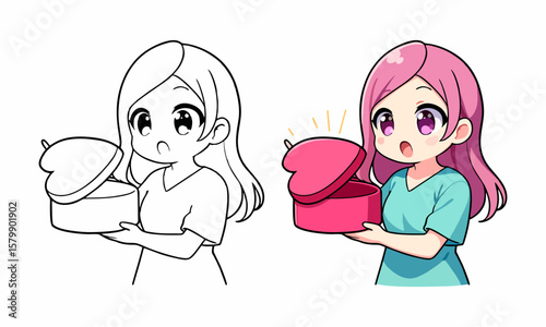 girl with gift box coloring page for kids