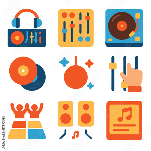 Dynamic DJ Set Design Elements, perfect for music events, club themes, or audio branding with a retro disco vibe