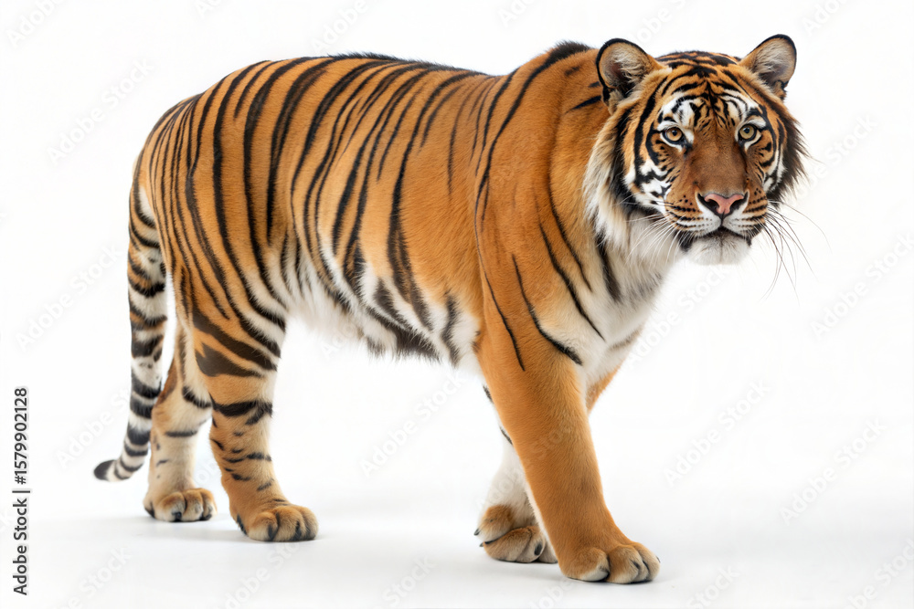 Obraz premium Majestic bengal tiger with striking orange and black stripes walks confidently against a clean white background