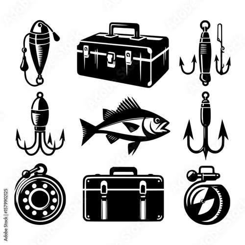 Fishing gear and tackle box icons featuring fish and hooks