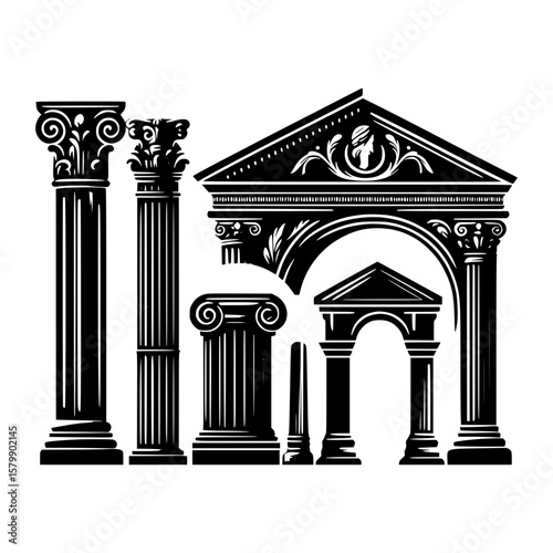 Classic architectural elements featuring ionic columns and pediments