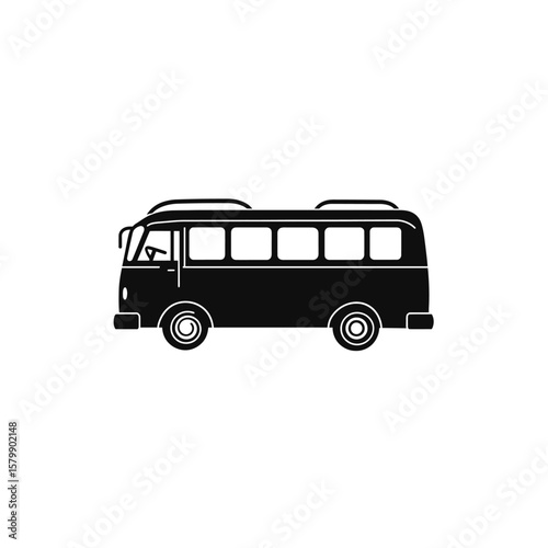 Silhouette of Vintage Bus with Circular Wheels and Roof Rack on Transparent Background