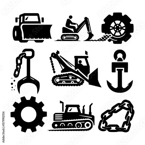 Construction and industrial equipment icons with chains and gears
