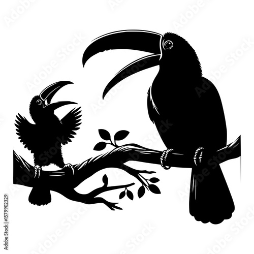 Two toucans silhouetted on a branch with open beaks