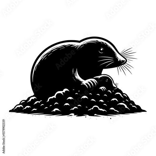 Stylized black and white illustration of two moles on a mound of dirt