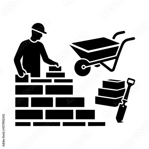 Silhouette of a bricklayer constructing a wall with a wheelbarrow nearby