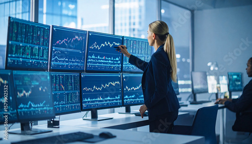 Professional female investor reviewing market trends and stock data.