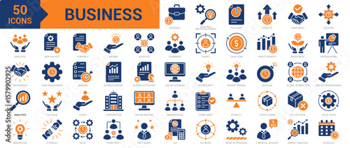 Business icon collection set. Containing research and development, pie chart, agreement, decision, analytics, innovation, employee, project management, presentation, analysis icon. Simple flat vector