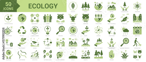 Ecology icon collection set. Containing forest, environment, nature, conservation, organism, photosynthesis, atmosphere, biomass energy, biosphere, earth, biodiversity, nature icon. Simple flat vector