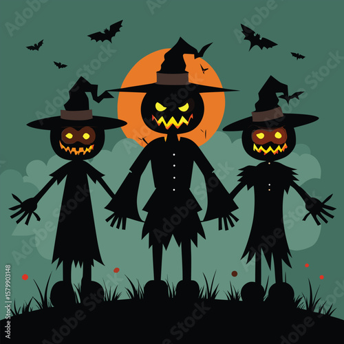 Spooky Halloween night vector with haunted house, bats, and pumpkins under a moonlit sky