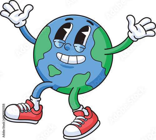 Mascot character of planet earth with cheerful pose and expression in retro vintage style cartoon