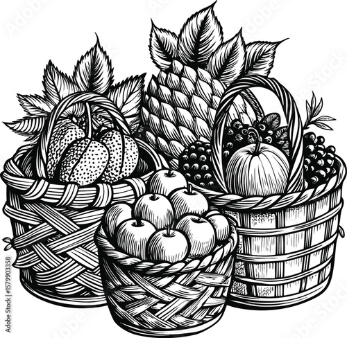 This illustration features a vibrant autumn harvest pattern of fruits, vegetables, and floral designs